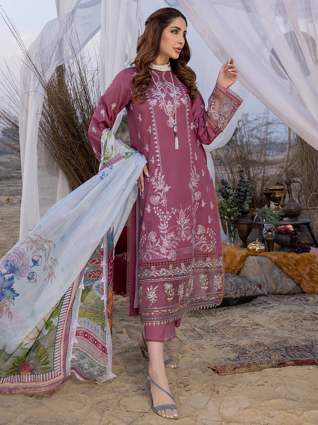 IZEL-3PC DHANAK EMBROIDERED SHIRT WITH COUTRAI PRINTED SHAWL AND TROUSER-BIC-4051