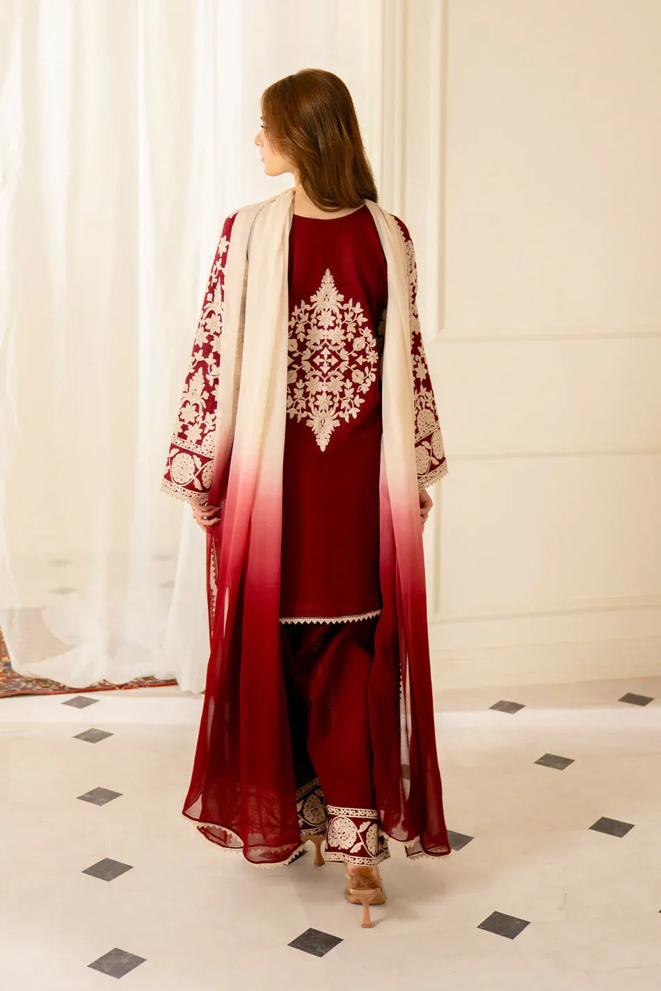 JAZMIN-3PC LAWN EMBROIDERED SHIRT WITH CHIFFON TYE & DYE DUPATTA AND TROUSER -RP-4656