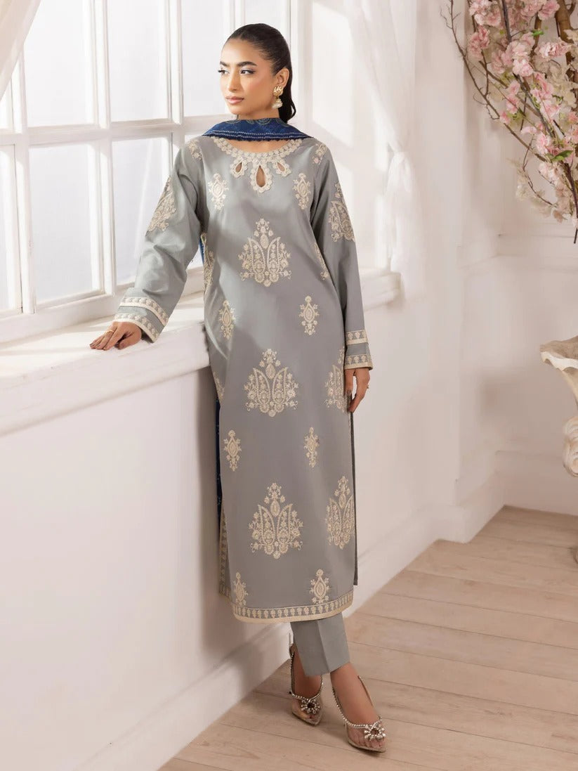 MOHAGNI LAWN 3PC - LAWN EMB SHIRT WITH MONARK PRINTED DUPATTA AND LAWN DYED TROUSER | RP-3741