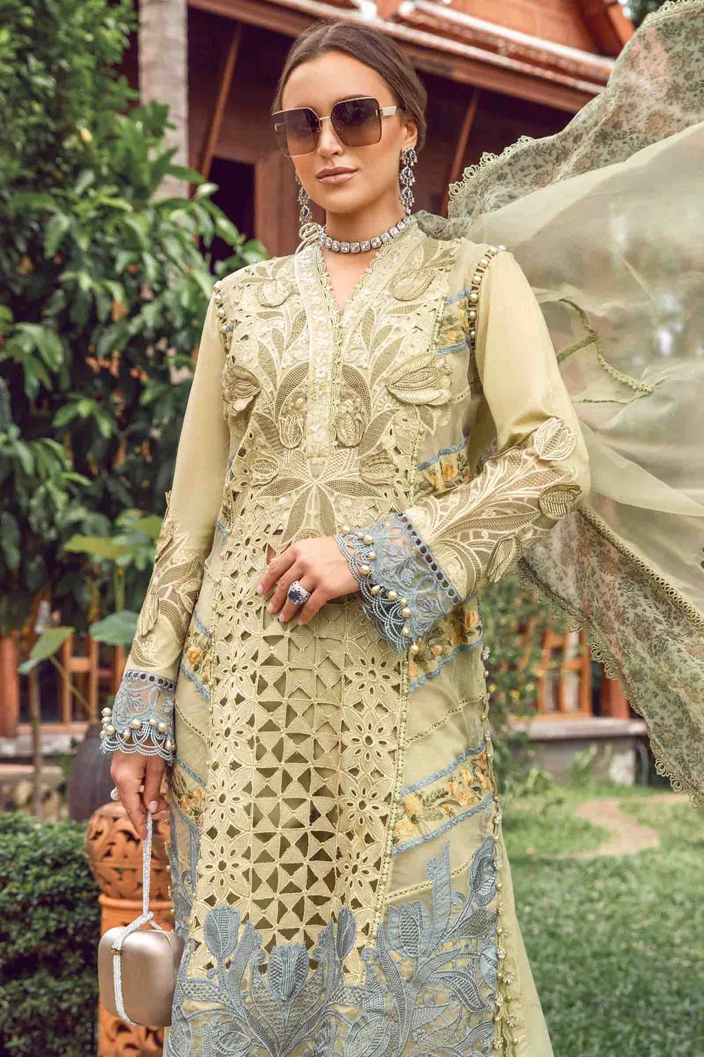 MARIA.B-3PC LAWN EMBROIDERED SHIRT WITH EMBROIDERED ORGANZA DAMAN CHIFFON PRINTED EMB DUPATTA AND EMB TROUSER-RP-4606