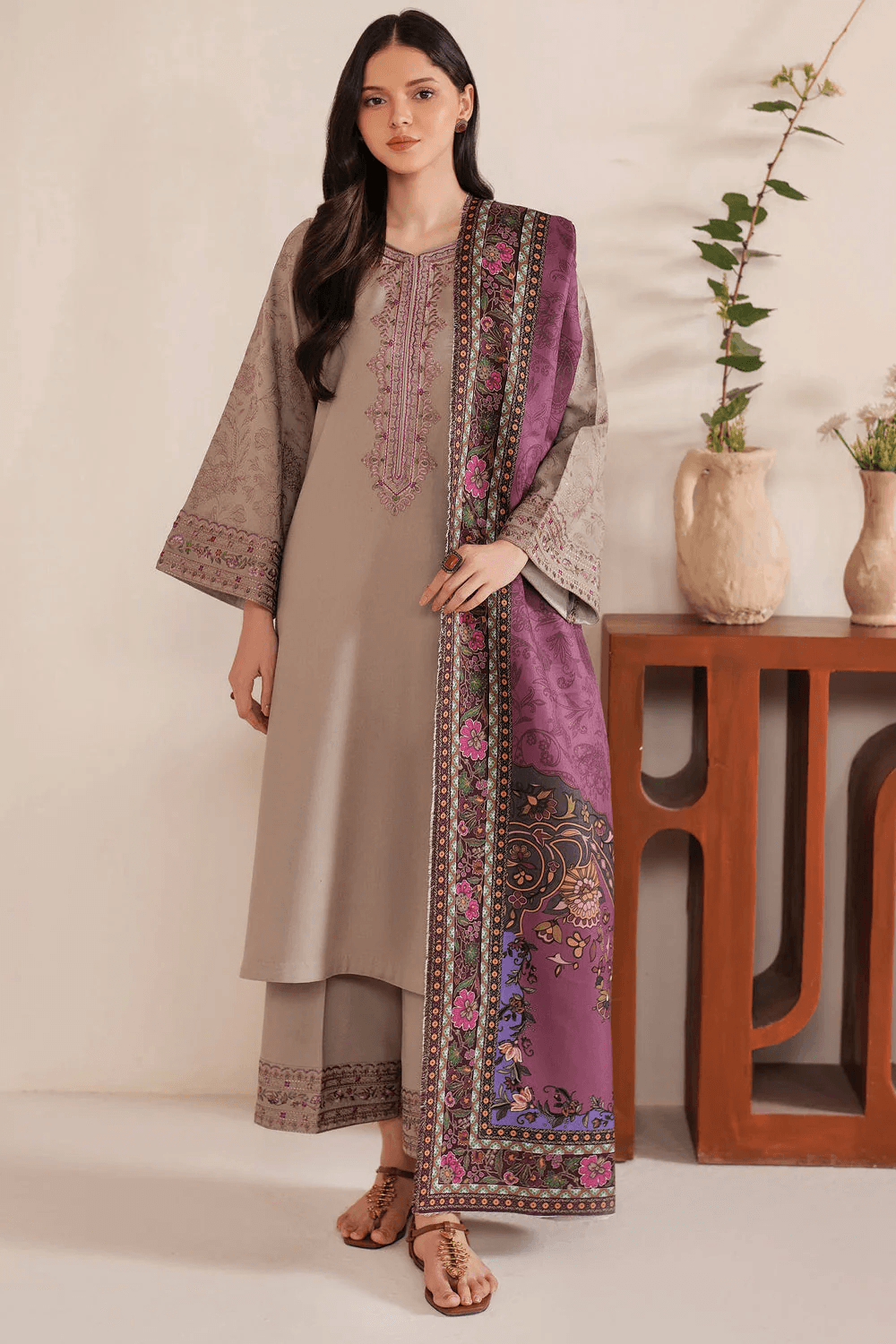 GARNET LAWN 3PC - LAWN EMB SHIRT WITH MONARK PRINTED DUPATTA AND LAWN DYED TROUSER | RP-3538
