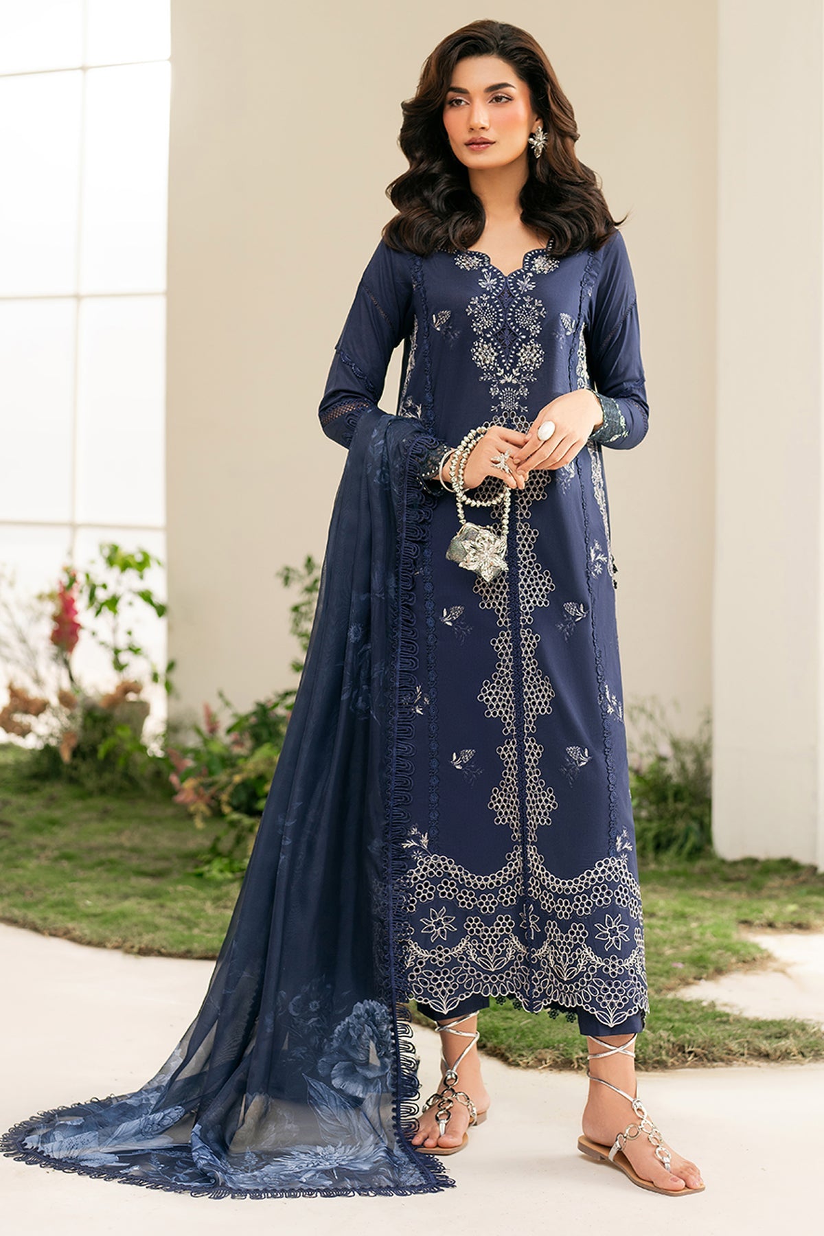 IZNIK-3PC DHANAK CHIKAN EMBROIDERED SHIRT WITH COURTRAI PRINTED SHAWL AND EMB TROUSER-BIC-4132