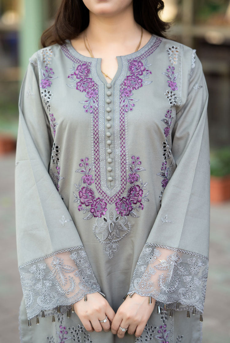 LIBAAS-3PC DHANAK EMBROIDERED SHIRT WITH CHIFFON EMBROIDERED DUPATTA AND TROUSER BIC-4069