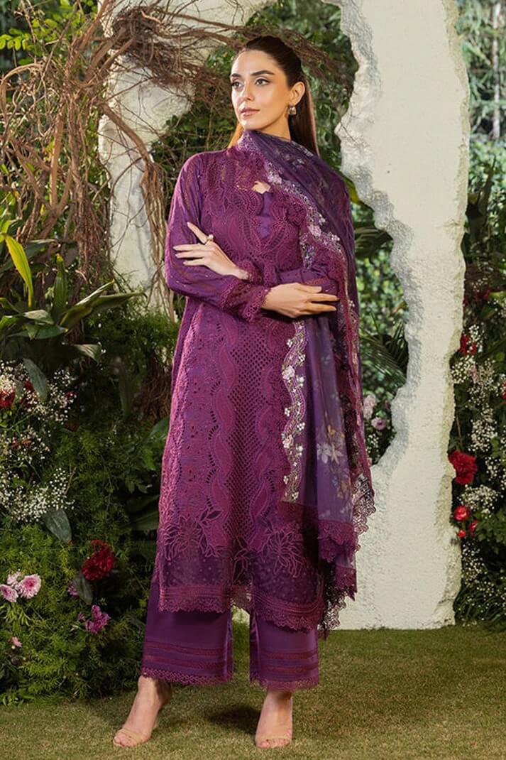 SOBIA NAZIR LAWN 3PC - LAWN LASERCUT EMB SHIRT WITH MONARK PRINTED DUPATTA AND LAWN DYED TROUSER | RP-3698