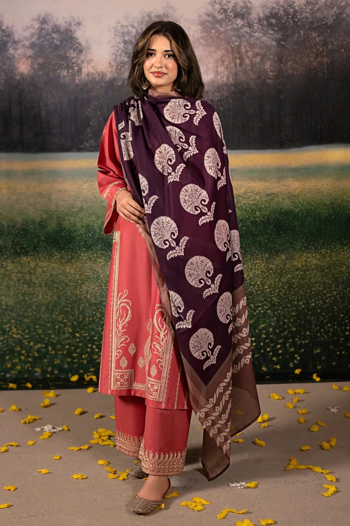 URGE-3PC DHANAK EMBROIDERED SHIRT WITH COURTRAI PRINTED SHAWL AND EMB TROUSER-BIC-4204
