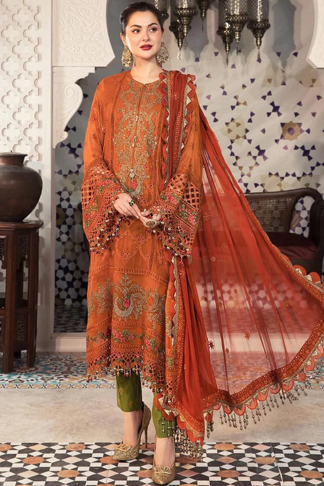 MARIA.B-3PC DHANAK EMBROIDERED SHIRT WITH CHIFFON EMBROIDERED DUPATTA & TROUSER-BIC-4077