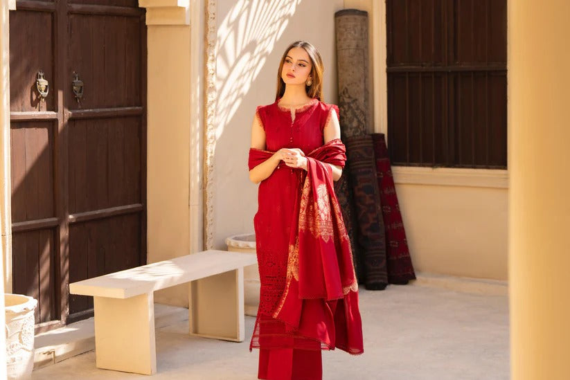 MIRAKHI LAWN 3PC - LAWN CHIKANKARI EMB SHIRT WITH JACQUARD LAWN DUPATTA AND LAWN DYED TROUSER | RP-5400