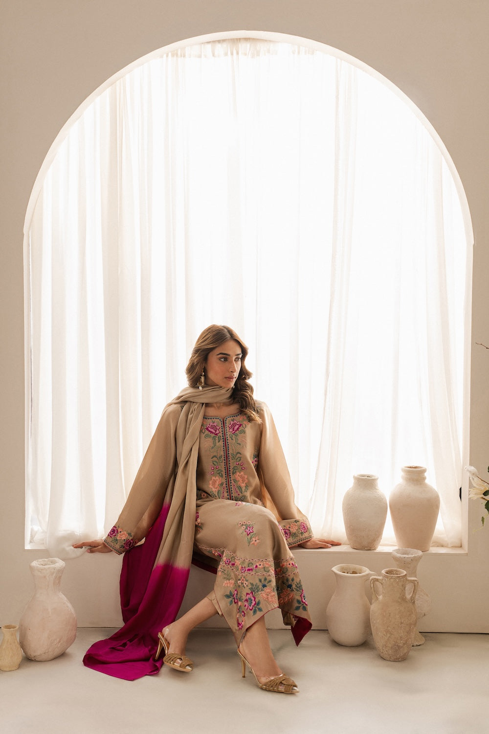 VINTAGE-3PC DHANAK EMBROIDERED SHIRT WITH TYE & DYE CHIFFON DUPATTA AND TROUSER-BIC-4169