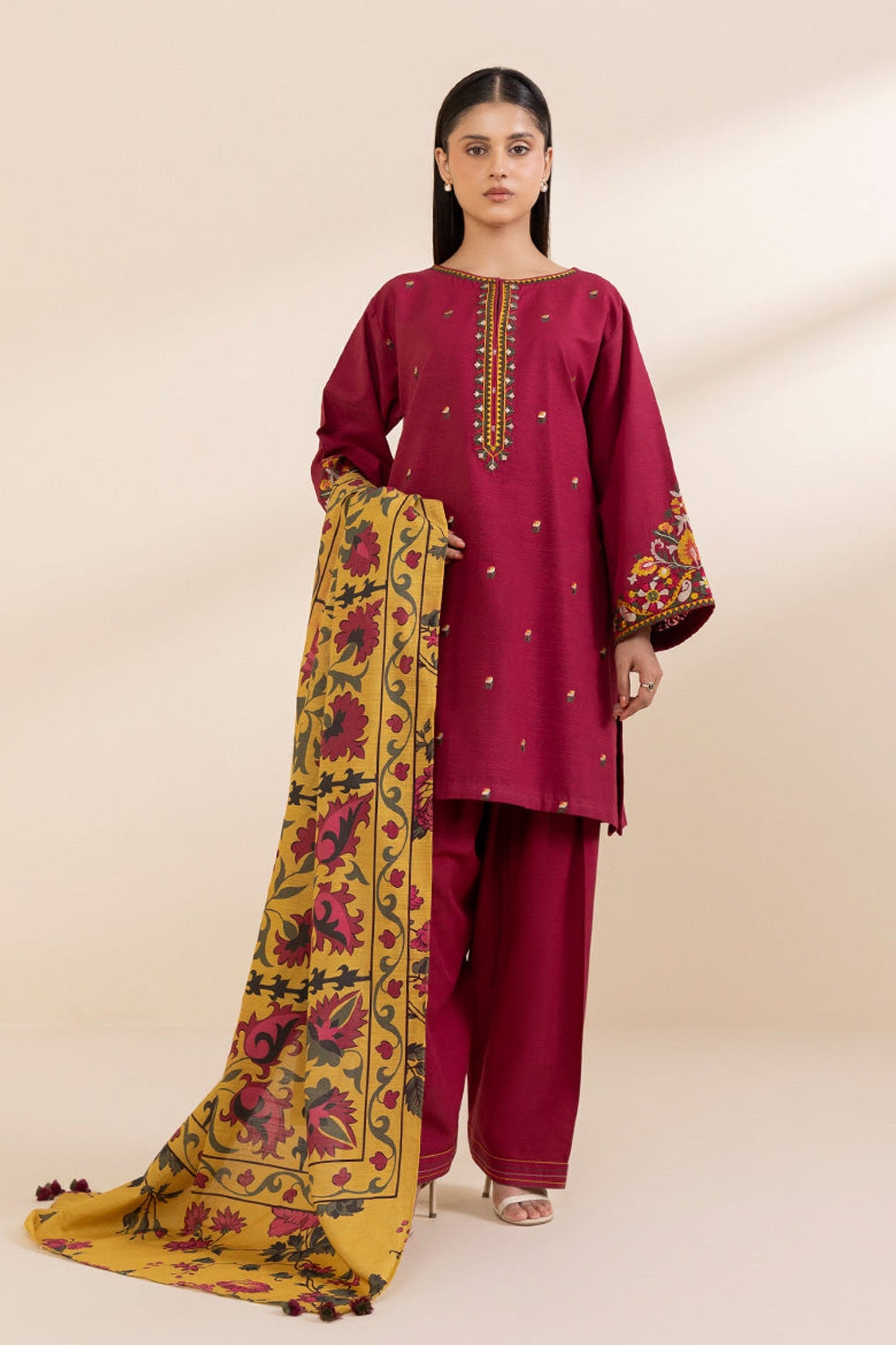 SAPPHIRE-3PC KHADDAR EMBROIDERED SHIRT WITH COURTRAI PRINTED SHAWL AND TROUSER-BIC-3373