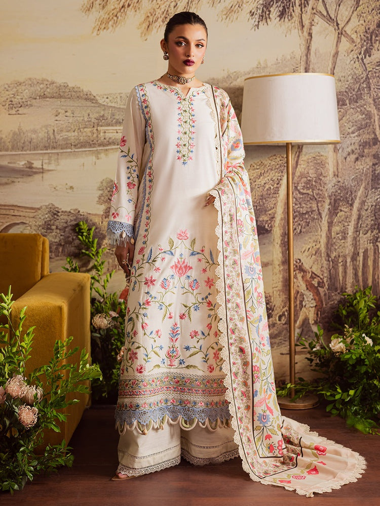 MAHNUR-3PC DHANAK EMBROIDERED SHIRT WITH COURTRAI PRINTED SHAWL & TROUSER-BIC-4329