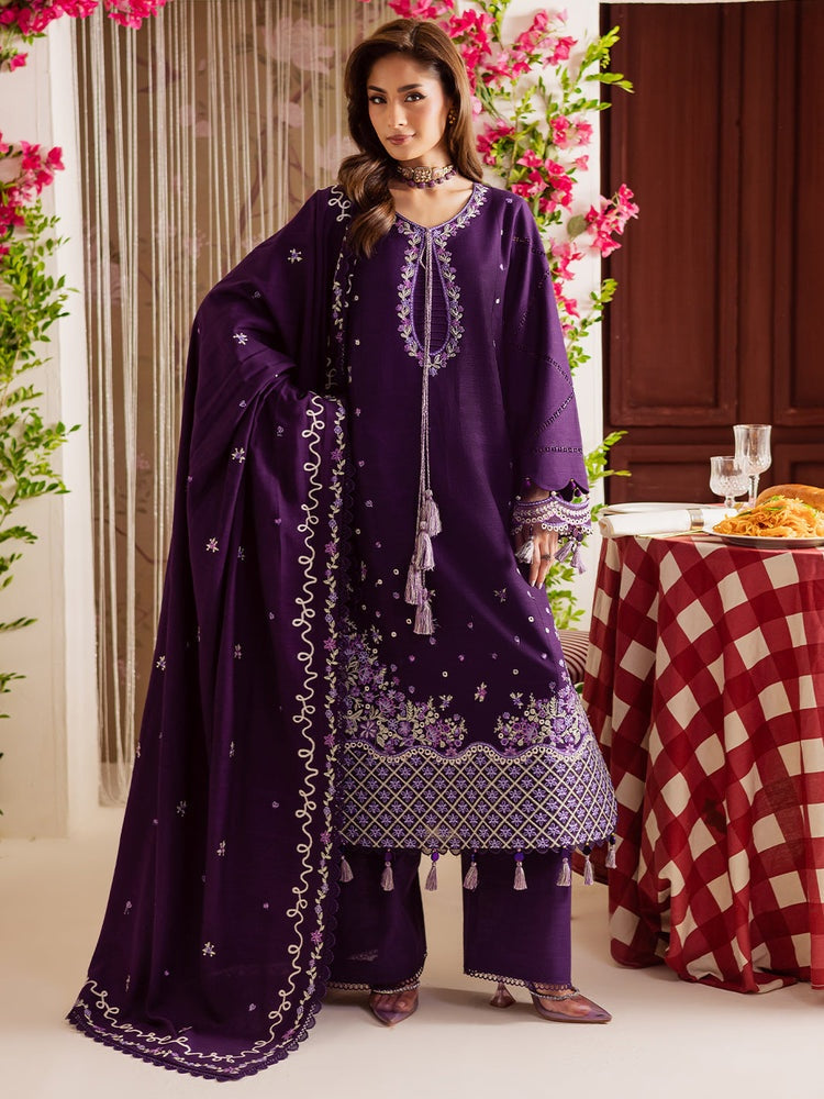 MAHNUR-3PC DHANAK EMBROIDERED SHIRT WITH DHANAK EMBROIDERED SHAWL & TROUSER-BIC-4328