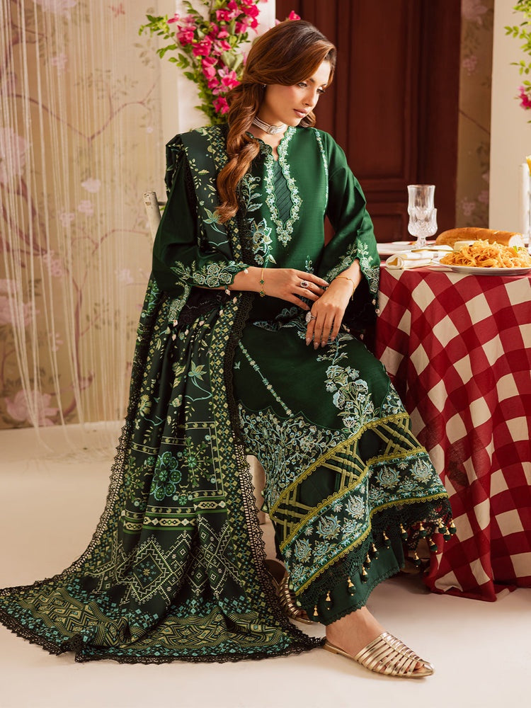 MAHNUR-3PC DHANAK EMBROIDERED SHIRT WITH COURTRAI PRINTED SHAWL & TROUSER-BIC-4327