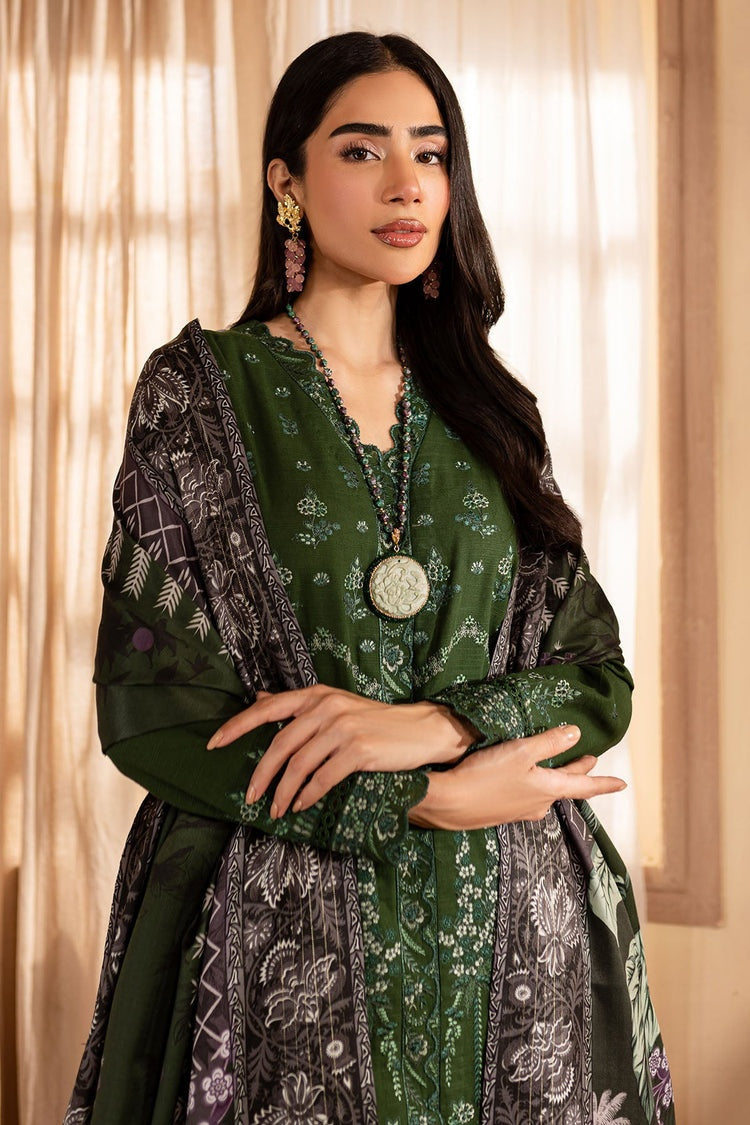 NUREH-3PC DHANAK EMBROIDERED SHIRT WITH COURTRAI PRINTED SHAWL & TROUSER-BIC-4324