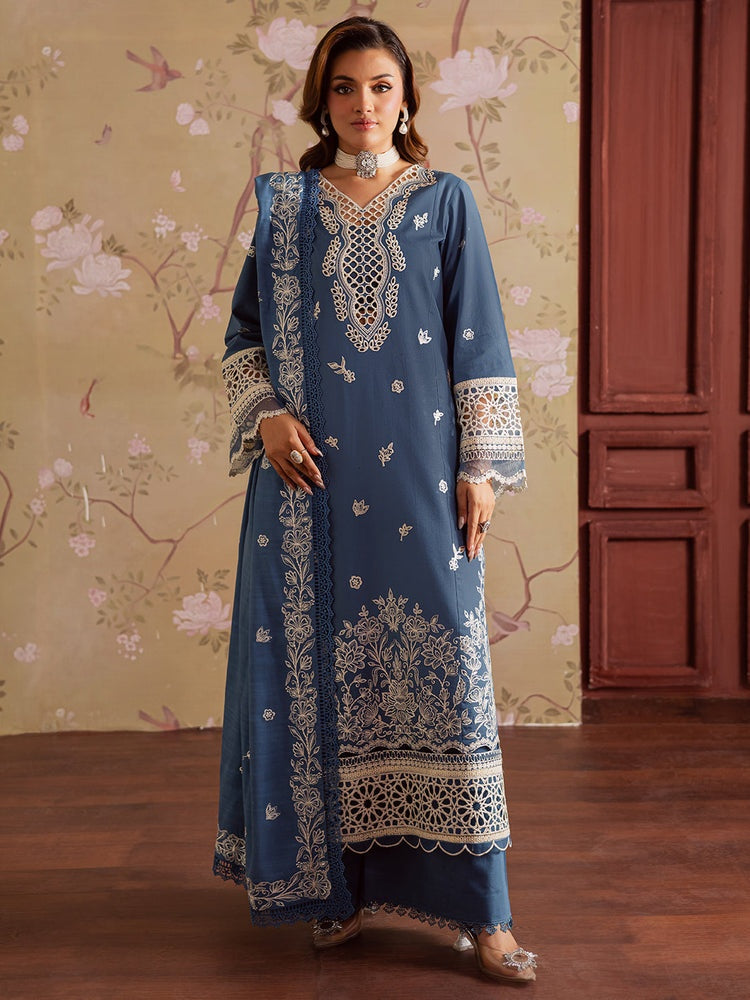 MAHNUR-3PC DHANAK EMBROIDERED SHIRT WITH DHANAK EMBROIDERED SHAWL & TROUSER-BIC-4323