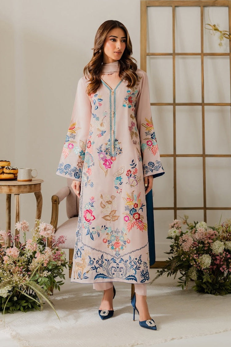 VINTAGE-3PC DHANAK EMBROIDERED SHIRT WITH TYE & DYE CHIFFON DUPATTA AND TROUSER-BIC-4314