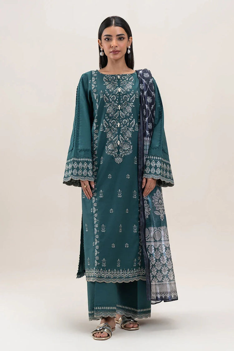 BEECHTREE-3PC DHANAK EMBROIDERED SHIRT WITH COURTRAI PRINTED SHAWL AND EMB TROUSER-BIC-4158