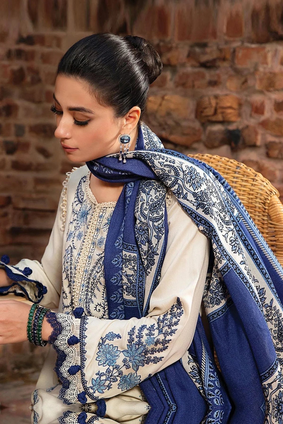 MARIA B -3PC KHADDAR HEAVY EMBROIDERED SHIRT WITH WOOL PRINT SHAWL AND TROUSER-BIC-4156