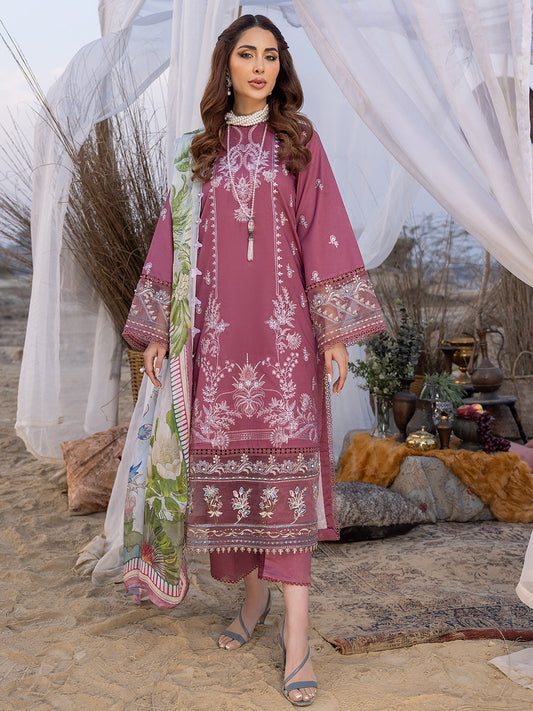 IZEL-3PC DHANAK EMBROIDERED SHIRT WITH COUTRAI PRINTED SHAWL AND TROUSER-BIC-4051
