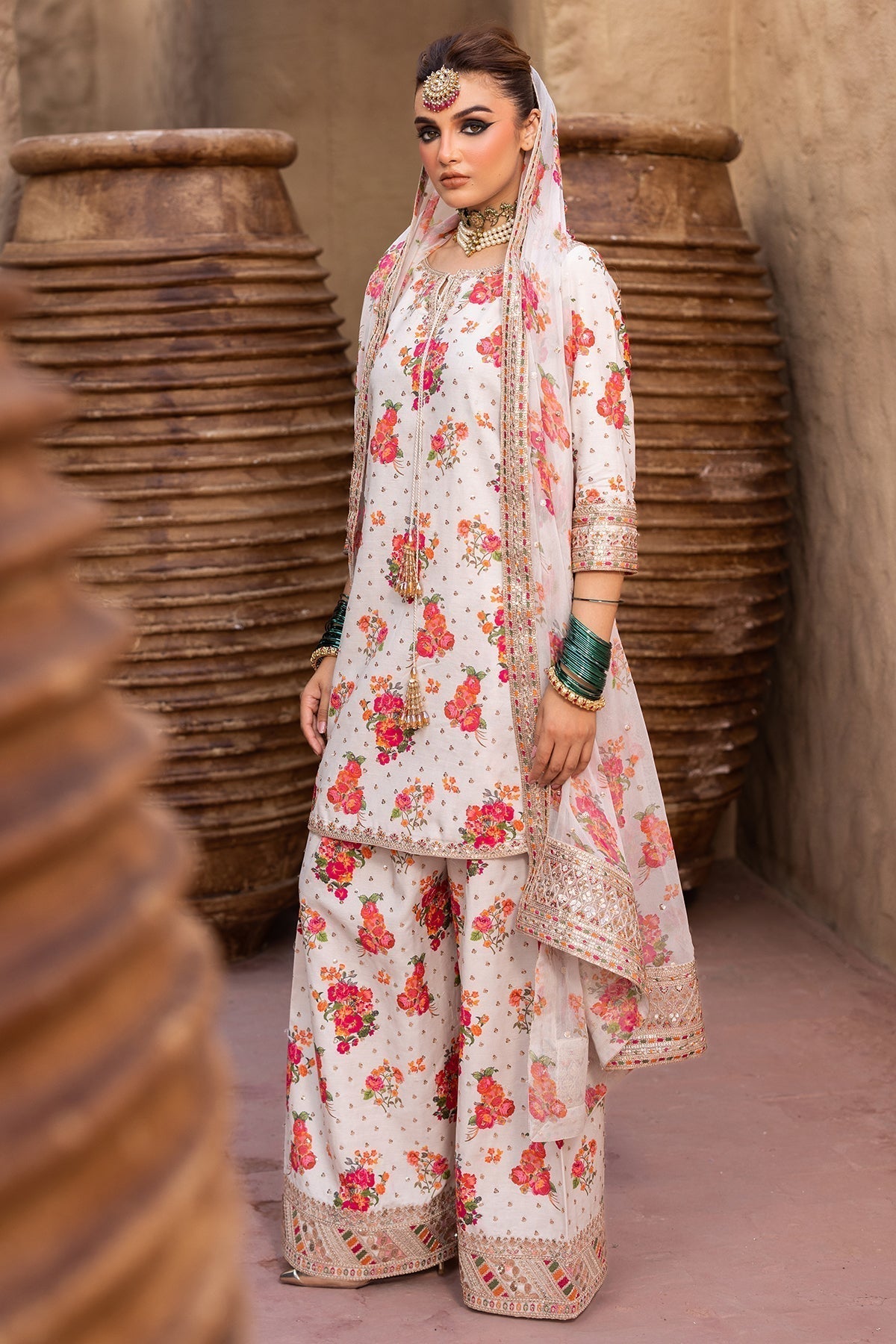 CHARIZMA-3PC SHAMOZE SILK PRINTED EMB SHIRT WITH SOFT SILK PRINTED EMB DUPATTA & EMB TROUSER BIC