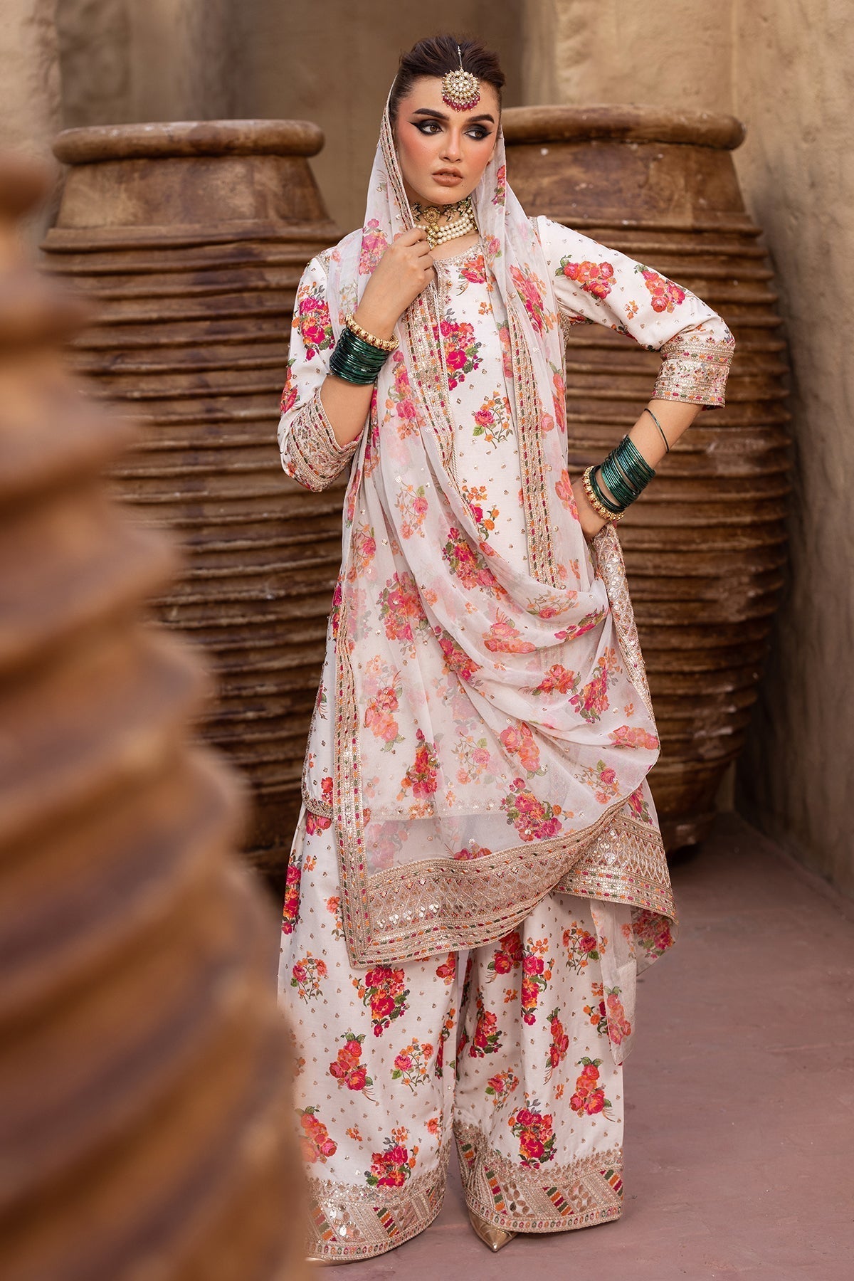 CHARIZMA-3PC SHAMOZE SILK PRINTED EMB SHIRT WITH SOFT SILK PRINTED EMB DUPATTA & EMB TROUSER BIC