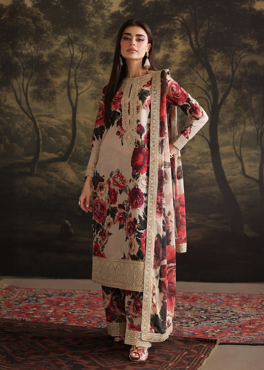 ZAINAB CHOTANI-3PC SHAMOZE SILK PRINTED EMBROIDERED SHIRT WITH SOFT SILK PRINTED EMB DUPATTA & EMB TROUSER BIC-1706