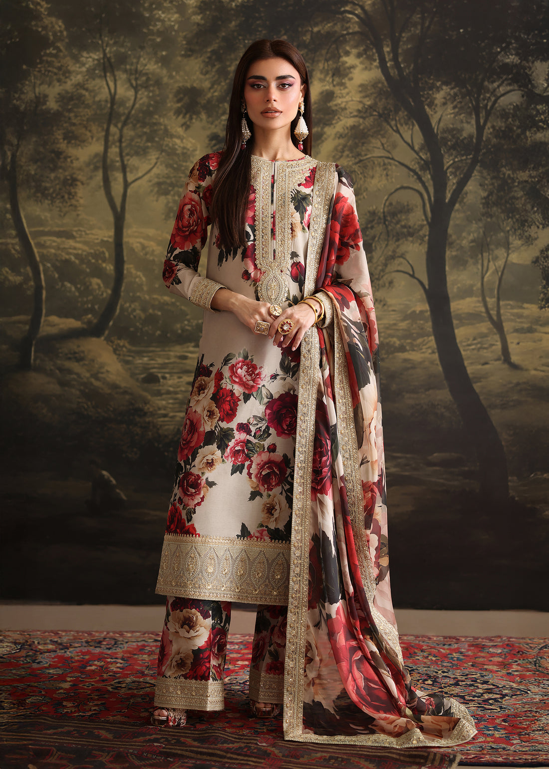 ZAINAB CHOTANI-3PC SHAMOZE SILK PRINTED EMBROIDERED SHIRT WITH SOFT SILK PRINTED EMB DUPATTA & EMB TROUSER BIC-1706
