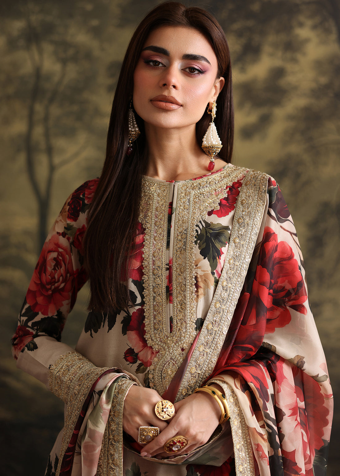 ZAINAB CHOTANI-3PC SHAMOZE SILK PRINTED EMBROIDERED SHIRT WITH SOFT SILK PRINTED EMB DUPATTA & EMB TROUSER BIC-1706