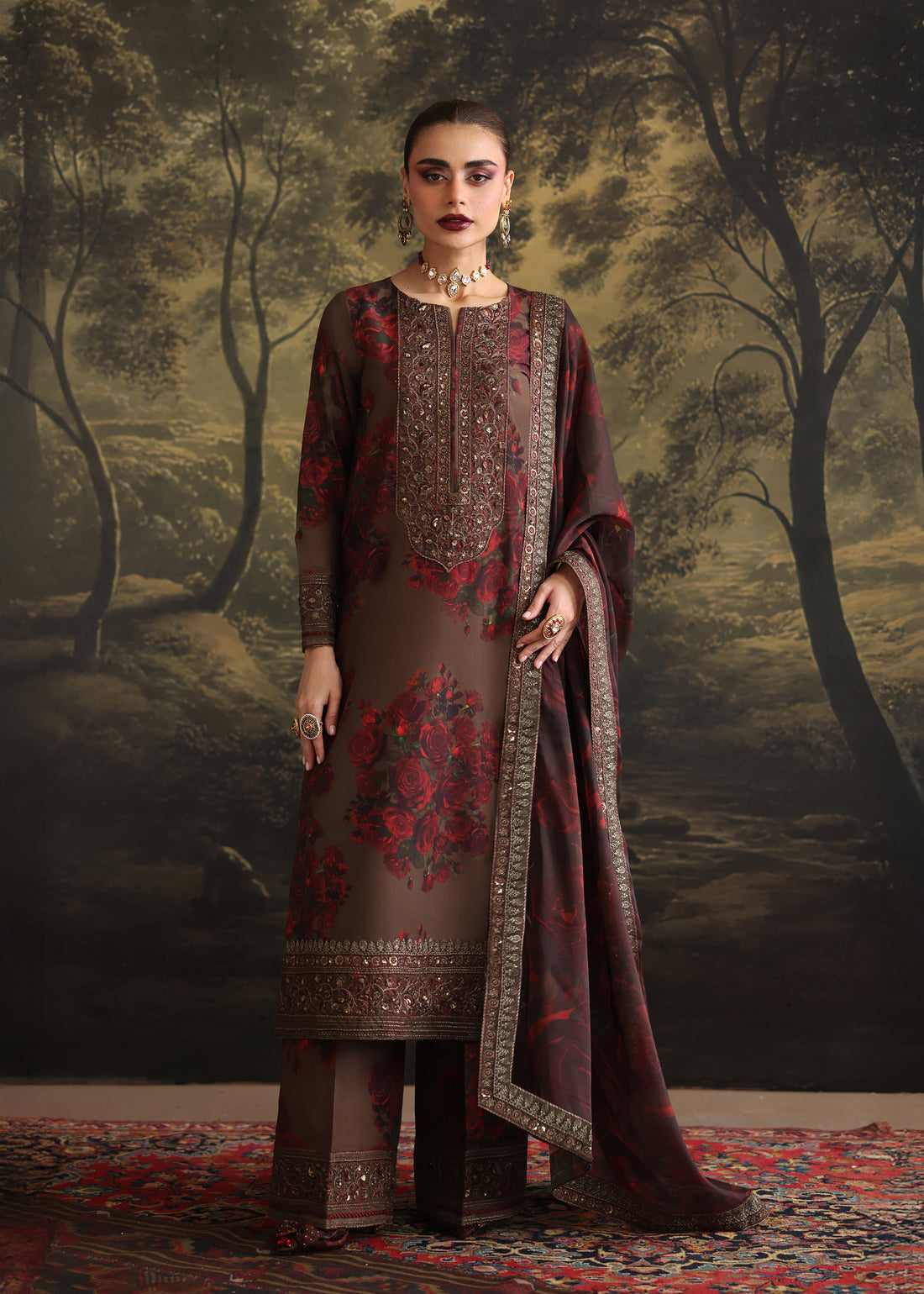 ZAINAB CHOTANI-3PC SHAMOZE SILK PRINTED EMBROIDERED SHIRT WITH SOFT SILK PRINTED EMB DUPATTA & EMB TROUSER BIC-