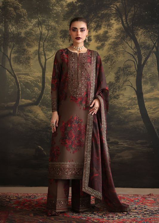 ZAINAB CHOTANI-3PC SHAMOZE SILK PRINTED EMBROIDERED SHIRT WITH SOFT SILK PRINTED EMB DUPATTA & EMB TROUSER BIC-