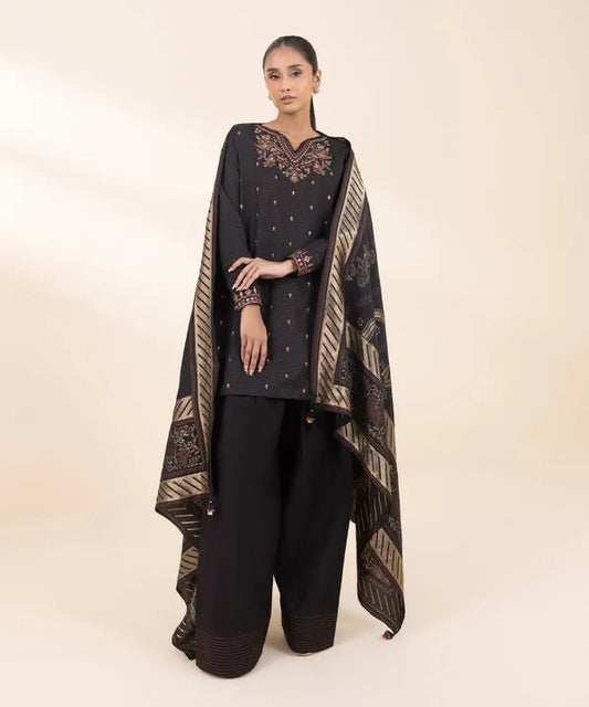 SAPPHIRE- 3PC DHANAK EMBROIDERED SHIRT WITH WOOL PRINT SHAWL AND TROUSER-BRP-3372