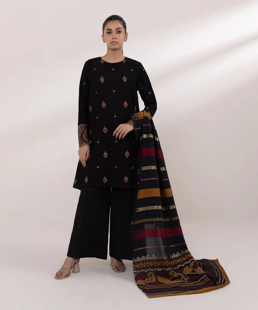 SAPPHIRE- 3PC DHANAK EMBROIDERED SHIRT WITH KOTAIL PRINT SHAWL AND TROUSER-RP102