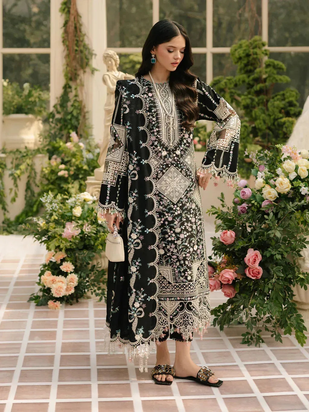 BIN ILYAS-3PC LAWN HEAVY EMBROIDERED SHIRT WITH KHADDI NET EMBROIDERED DUPATTA & LAWN TOUSER-RP-4725 - Rang Pasand