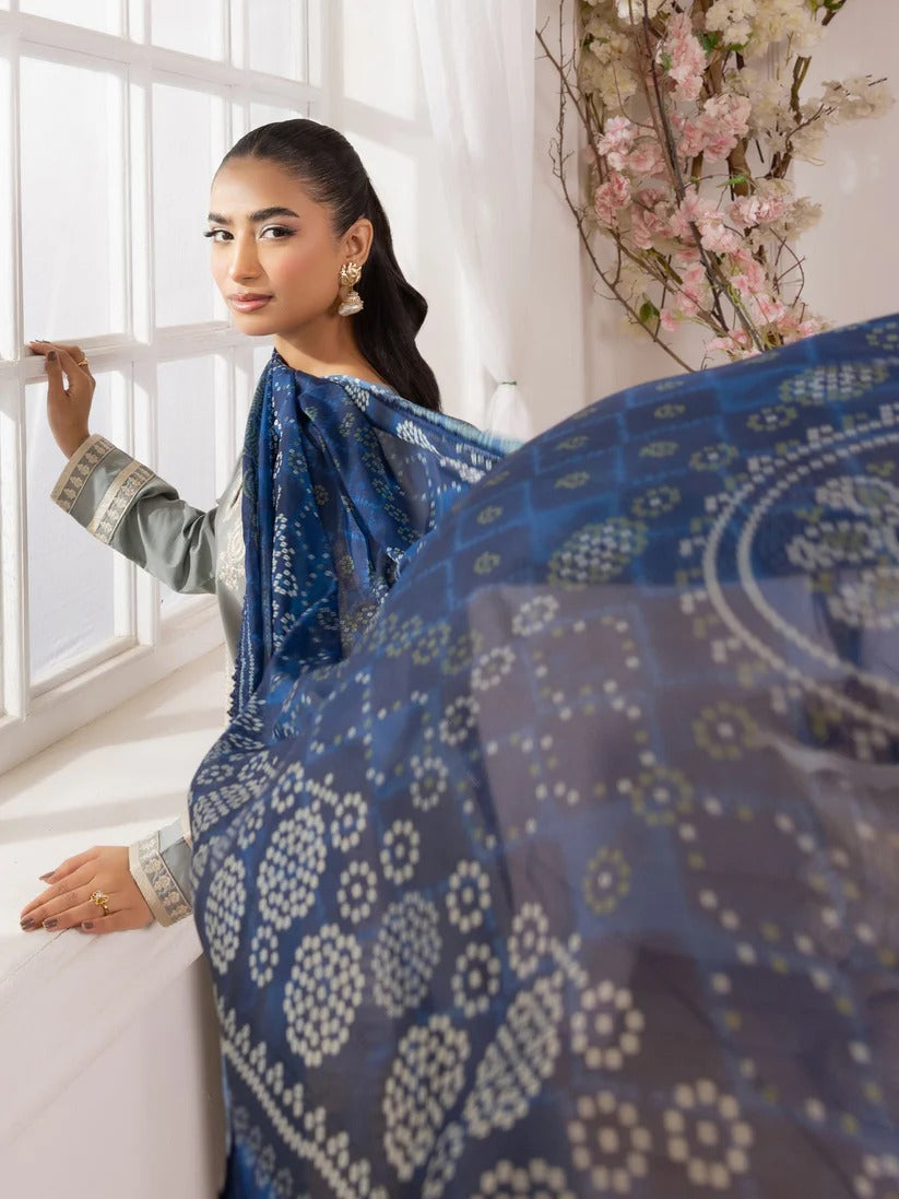 MOHAGNI LAWN 3PC - LAWN EMB SHIRT WITH MONARK PRINTED DUPATTA AND LAWN DYED TROUSER | RP-3741