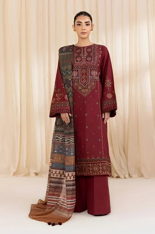 SAPPHIRE-3PC DHANAK EMBROIDERED SHIRT WITH COURTRAI PRINTED SHAWL AND TROUSER-BIC-4065