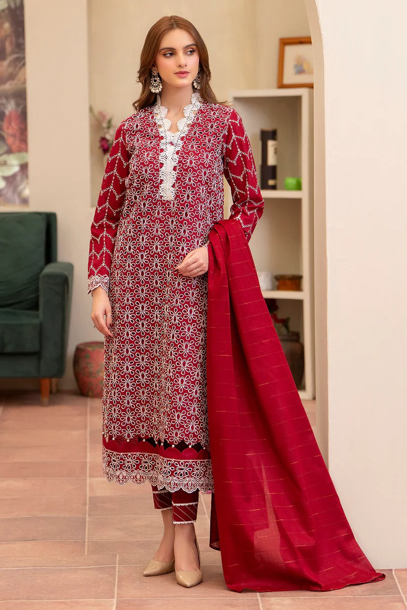 MIRAKHI LAWN 3PC - LAWN CHIKANKARI EMB SHIRT WITH LAWN TUBE SLUB DUPATTA AND LAWN DYED TROUSER | RP