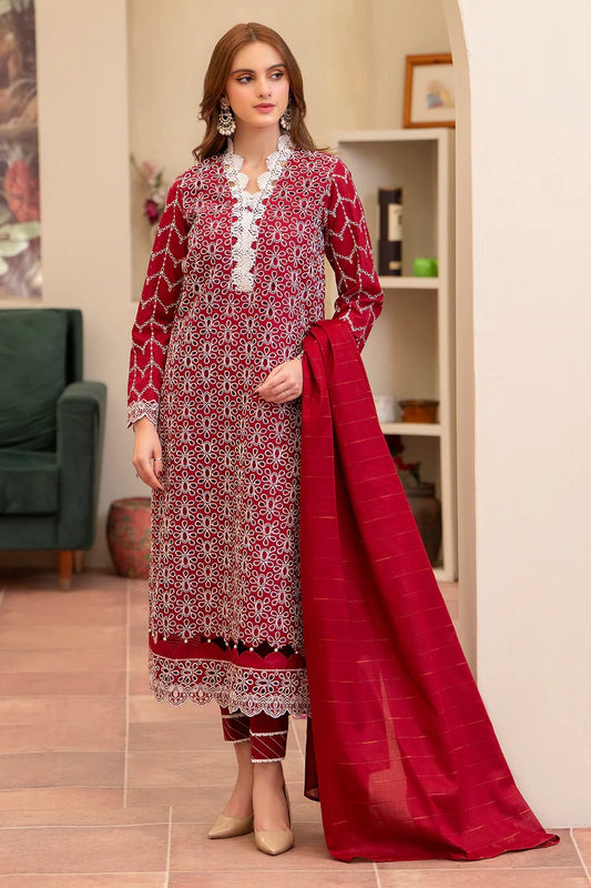 MIRAKHI LAWN 3PC - LAWN CHIKANKARI EMB SHIRT WITH LAWN TUBE SLUB DUPATTA AND LAWN DYED TROUSER | RP