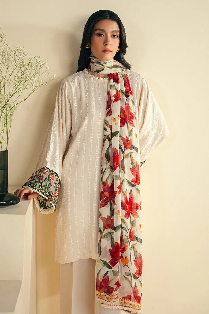 JAZMIN-3PC KHADDAR EMBROIDRED SHIRT WITH WOOL PRINT SHAWL AND TROUSER-RP-3248