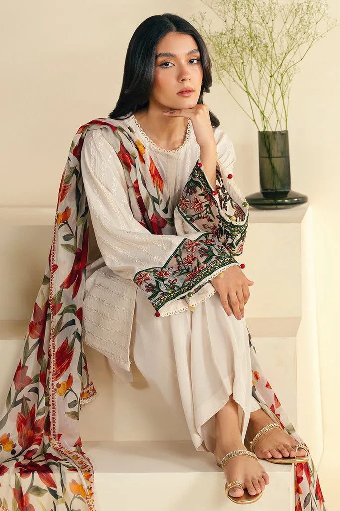 JAZMIN-3PC KHADDAR EMBROIDRED SHIRT WITH WOOL PRINT SHAWL AND TROUSER-RP-3248