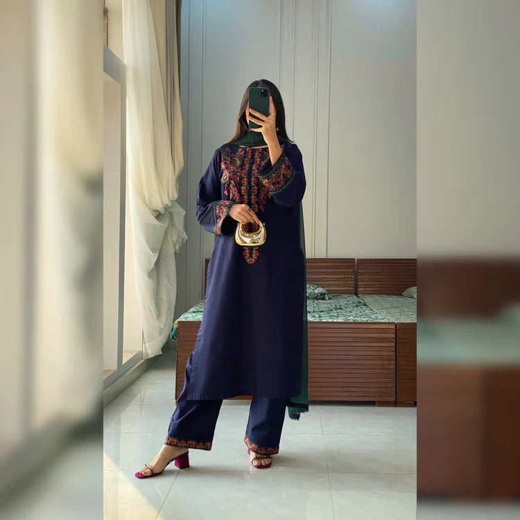 BRANDSINN-3PC DHANAK EMBROIDERED SHIRT WITH BAMBER CHIFFON DUPATTA AND EMB TROUSER-BIC-4076