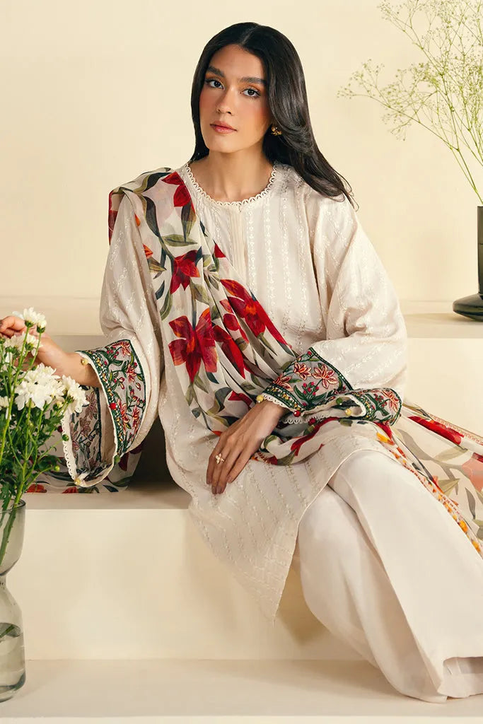 JAZMIN-3PC KHADDAR EMBROIDRED SHIRT WITH WOOL PRINT SHAWL AND TROUSER-RP-3248