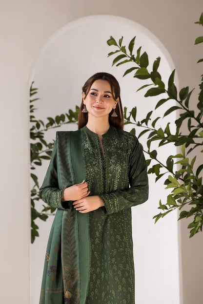 SOBIA NAZIR- 3PC DHANAK EMBROIDERED SHIRT WITH WOOL PRINT SHAWL AND TROUSER-RP-3356