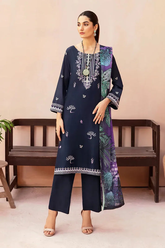 AFSANAH-3PC DHANAK EMBROIDERED SHIRT WITH COUTURE PRINTED SHAWL & TROUSER-RP-3323