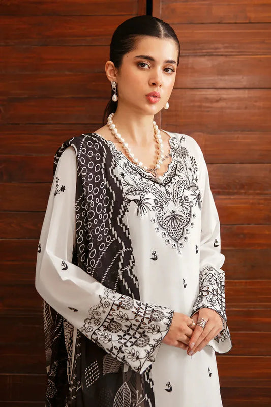 AFSANAH-3PC DHANAK EMBROIDERED SHIRT WITH COUTURE PRINTED SHAWL & TROUSER-RP-3385