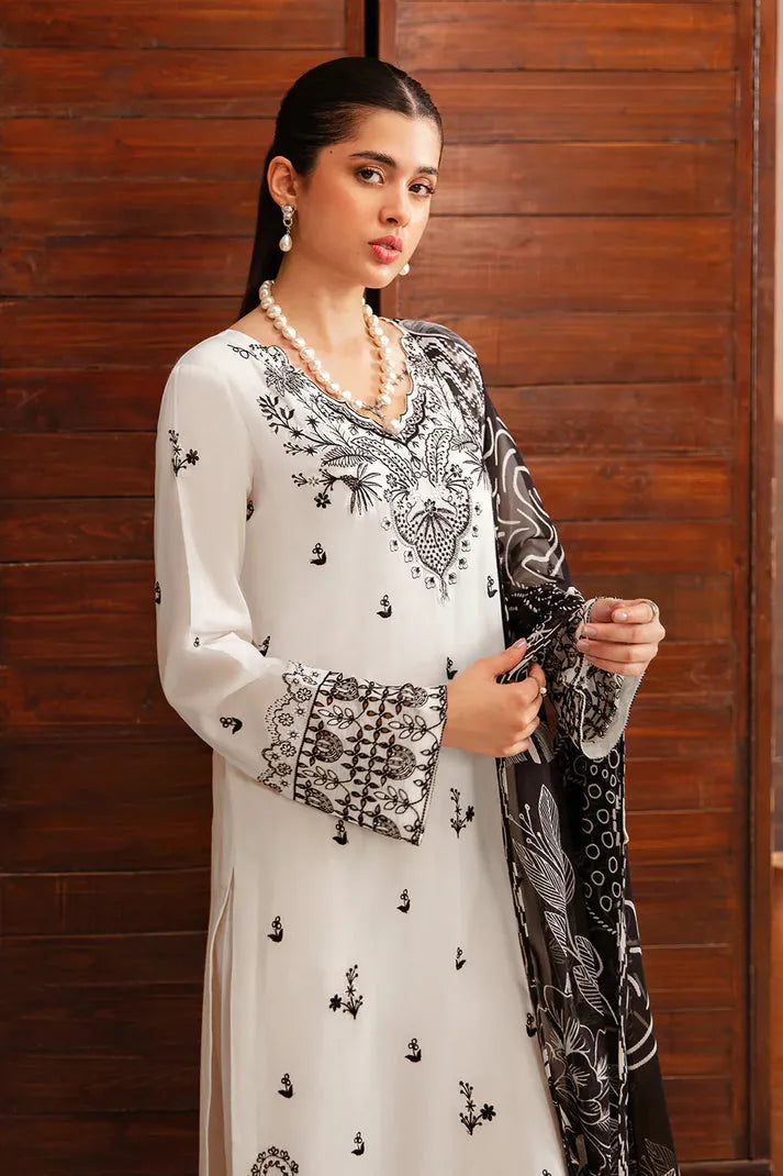 AFSANAH-3PC DHANAK EMBROIDERED SHIRT WITH COUTURE PRINTED SHAWL & TROUSER-RP-3385