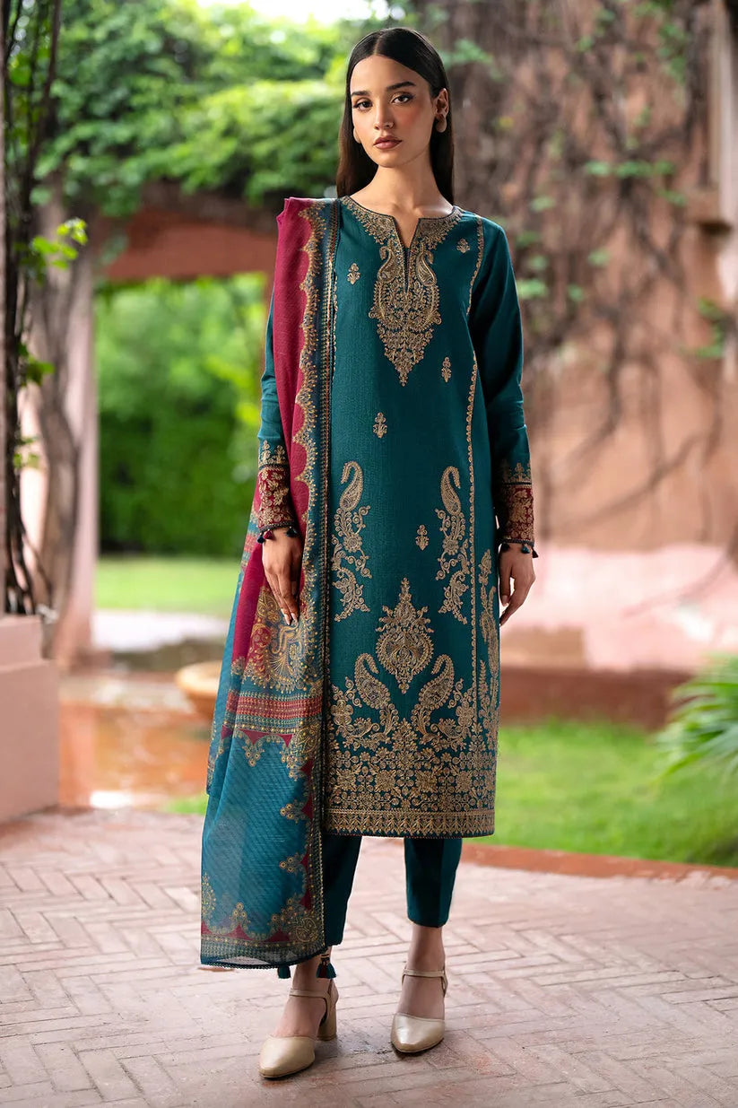 JAZMIN- 3PC DHANAK EMBROIDERED SHIRT WITH KOTAIL PRINT SHAWL AND TROUSER-RP122