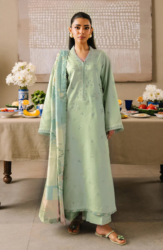 IZEL-3PC LAWN EMBROIDERED SHIRT WITH CHIFFON PRINT DUPATTA AND EMB TROUSER-RP-4825