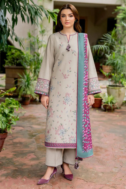 JAZMIN-3PC DHANAK EMBROIDRED SHIRT WITH KOTAIL PRINT SHAWL AND TROUSER-RP129