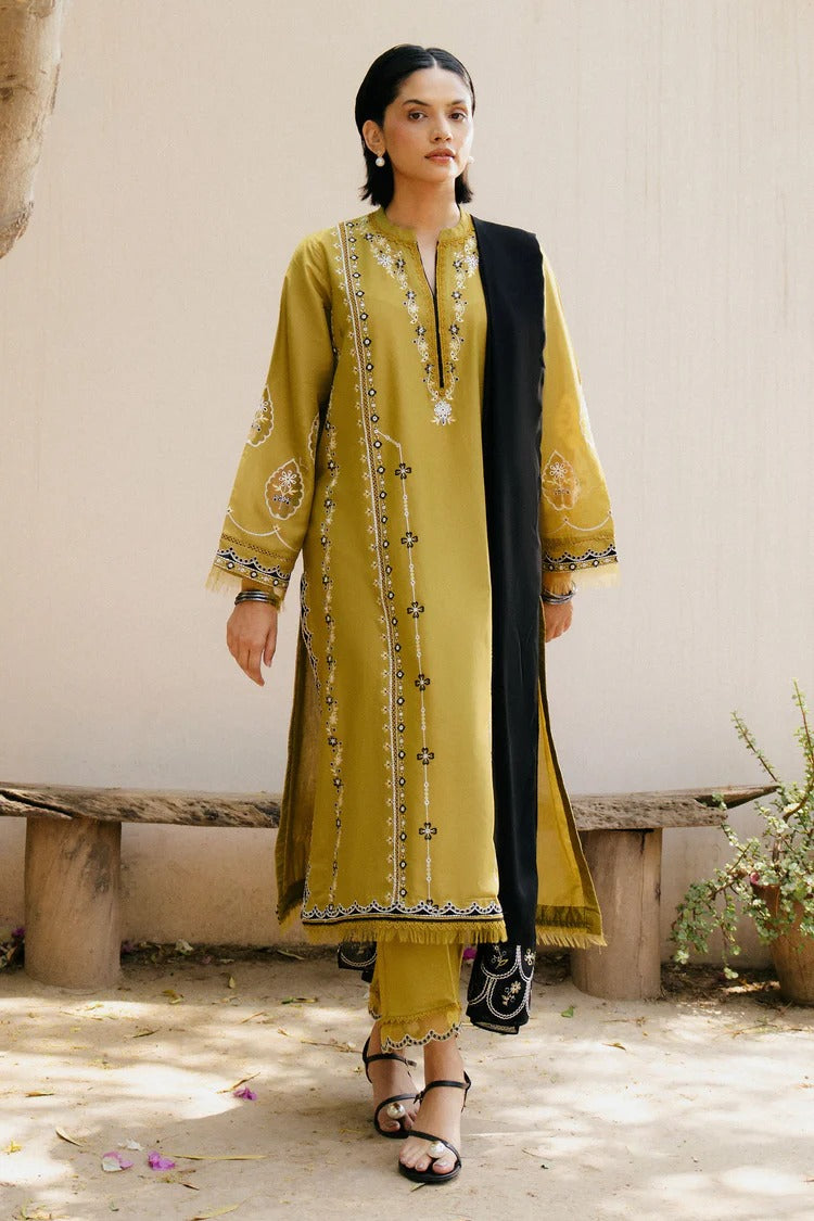 ZARA SHAHJAHAN-3PC DHANAK EMBROIDERED SHIRT WITH CHIFFON EMBROIDERED SHAWL & DHANAK TOUSER-BIC-4222