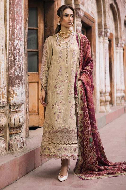 NUREH-3PC DHANAK EMBROIDERED SHIRT WITH COURTRAI PRINTED SHAWL & TROUSER-BIC-4341