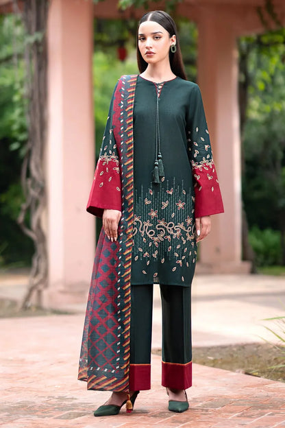 JAZMIN-3PC DHANAK EMBROIDRED SHIRT WITH KOTAIL PRINT SHAWL AND TROUSER-RP103